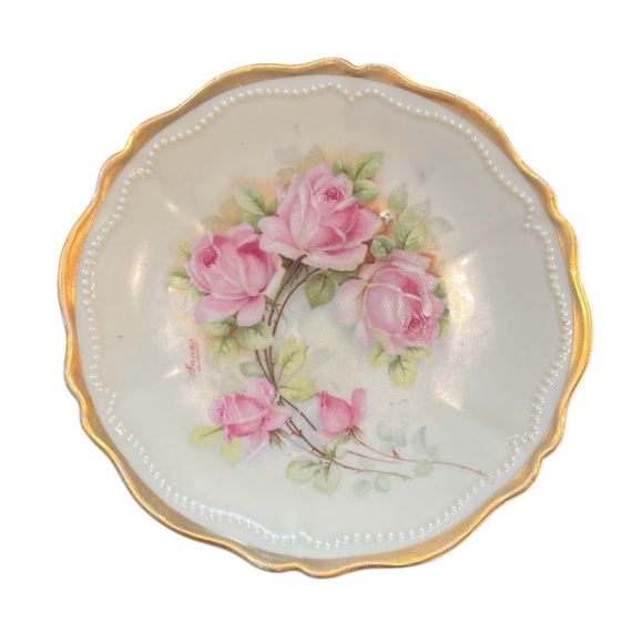 Hand Painted Victorian Roses Saucer Trinket Dish Bavaria Signed - Picture 1 of 5